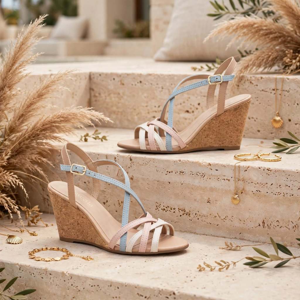 Sandalia Feminina Plataforma Anabela Cortica Salto 7cm Fivela Dourada Off White Rosa Azul Bege Colorida Confortavel