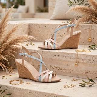 Sandalia Feminina Plataforma Anabela Cortica Salto 7cm Fivela Dourada Off White Rosa Azul Bege Colorida Confortavel