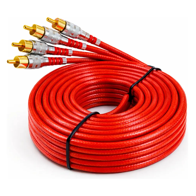 Cabo RCA 5 Metros Vermelho Dupla Blindagem Linha Premium Resistente de Ligas Especiais C/ Conector Banhado a Ouro
