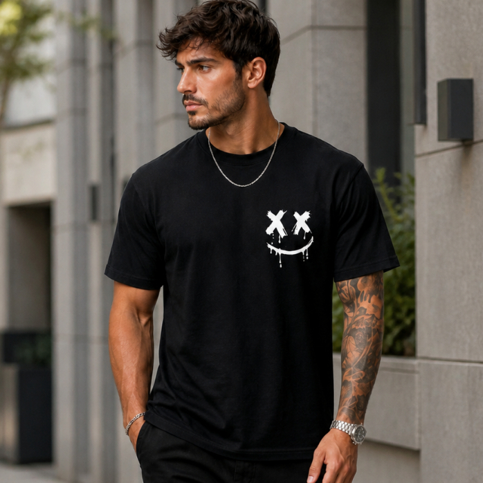 Camiseta Masculina Streetwear Smile X Estampada Algodão Manga Curta Gola Redonda Casual Moda Urbana Confortável 2026