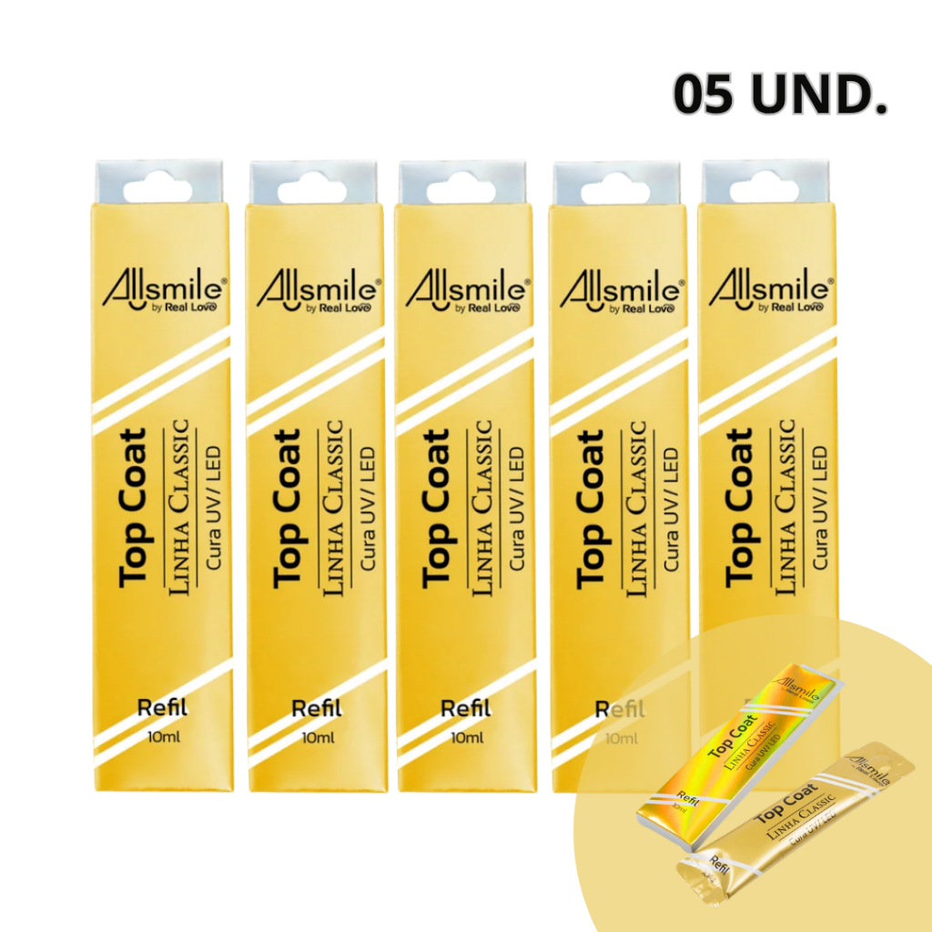 Kit 5 Unidades Refil Top Coat 10ml All Smile Real Love Linha Light Finalizador Alto Brilho Unhas Gel