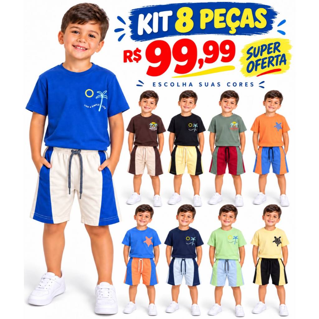 Kit 8 peças Conjunto Infantil 1-2-3-4-6-8 anosMasculino Menino Verão Camiseta e Bermuda Short Roupa Infantil Confortável