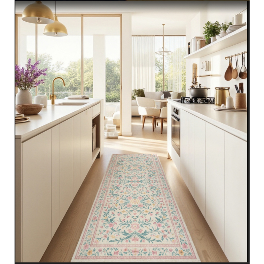 Tapete Passadeira Cozinha Pia Corredor 100x50 Floral Antiderrapante Lavável Macio Estampado Abelle Casa