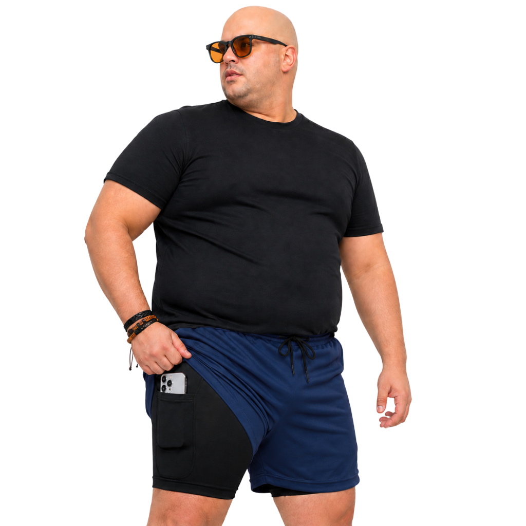 Shorts Plus Size 2 em 1 Masculino Dry Fit Bermuda Compressão Com Bolso Interno Academia Corrida Fitness Musculação