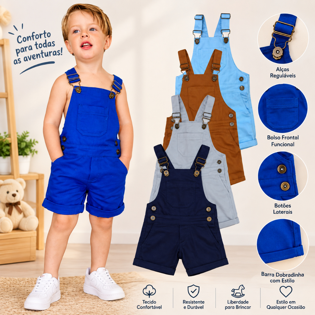 Macacão jardineira menino colorida sarja curta premium roupa masculina criança algodão salopete jeans
