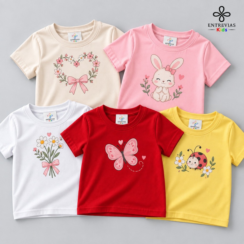 Kit Camiseta Infantil Menina 100% Algodão Estampada Sortida Delicada Manga Curta