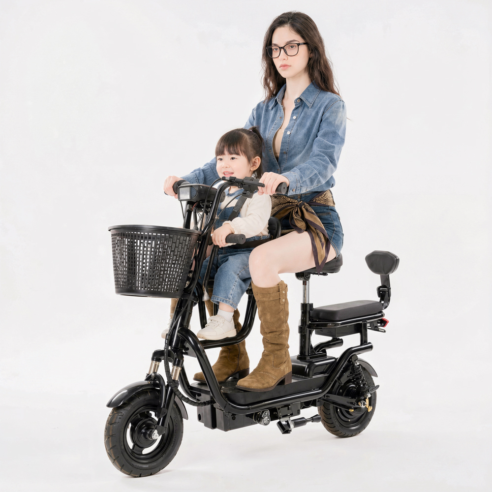 SKYBOARD Bicicleta Elétrica Familiar 3 Lugares Assento Bebê 1-3 Anos Dupla Proteção Cesto 110x92x30cm 48V12Ah