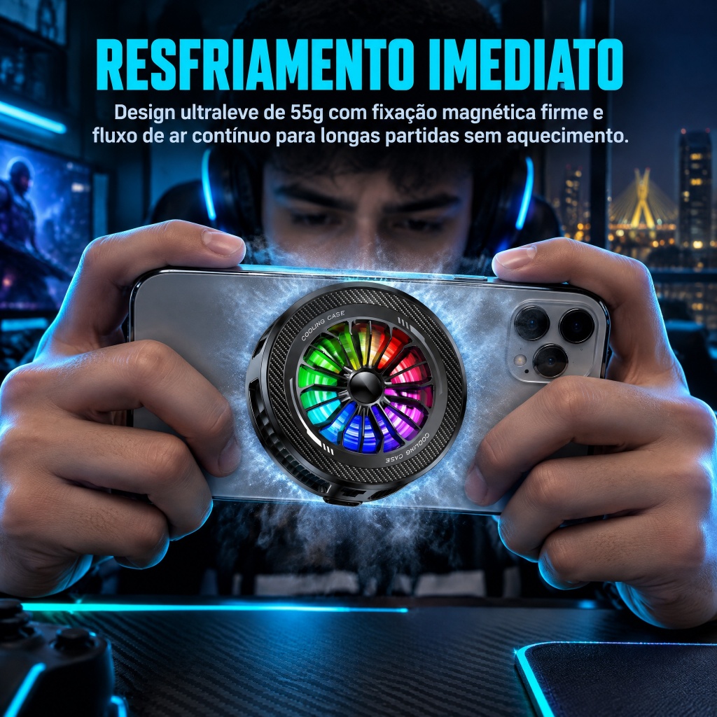Cooler Gamer para Celular com Congelamento Rápido, Imã Magnético, Luz RGB – Compatível com iPhone e Android