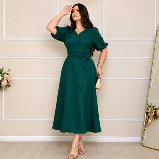 Vestido Elegante Midi P ao G3 Manga Princesa com Detalhes em Flores Bordado Caimento Sofisticado tecido duna linho