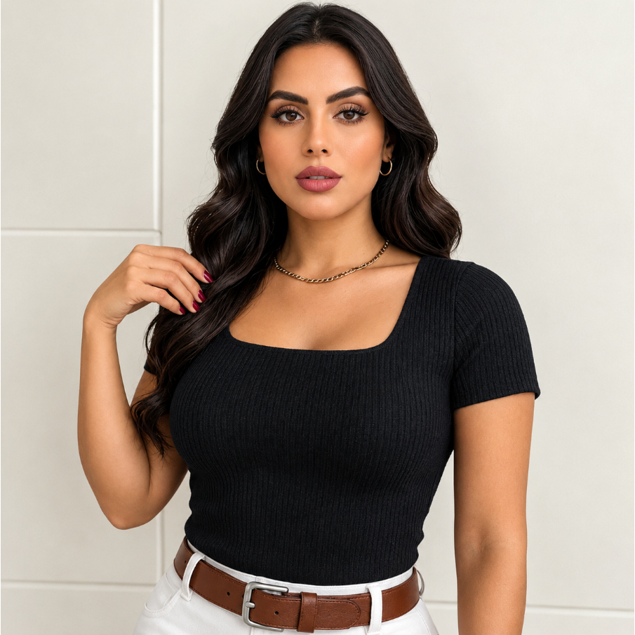 Blusa Feminina Canelada Decote QUADRADO Manga Curta Casual