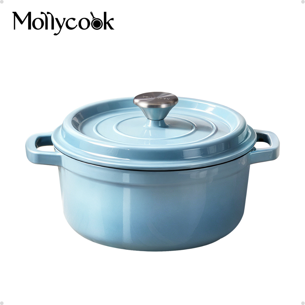 Mollycook Caçarola Ferro Fundido Esmaltado Luxo 22/24cm Antiaderente Fogão Indução Azul Linha Luna