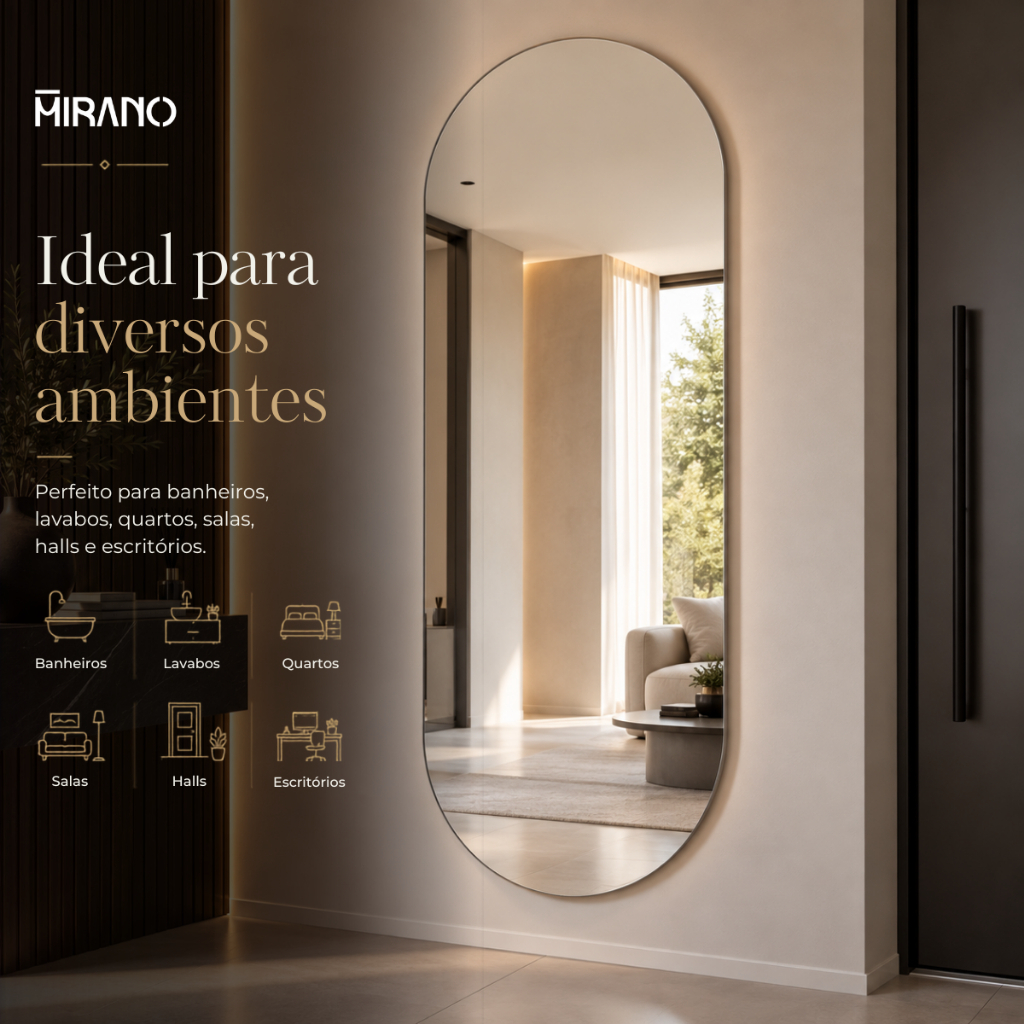 Espelho Mirano Berlim 100x40cm Oval Lapidado Grande Corpo Todo Moderno Banheiro Lavabo Quarto Parede