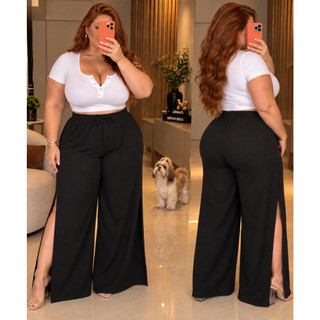 Calça Feminina Plus Size Wide Leg Soltinha Calsa feminina Plus Size Com Fenda Abertura Na Perna