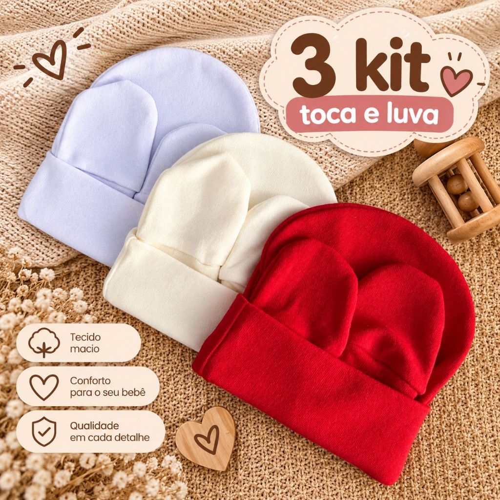 Kit 3 Tocas e Luvas Para Bebês Recém Nascidos Suedine 100% Algodão Toquinha e Luvinha Para Maternidade Enxoval Gorro