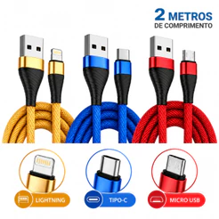 Kit Cabos 2 Metros Tipo C V8 Lightning iPhone Carga Rápida