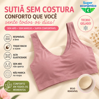 Sutiã Sem Costura Feminino Conforto Sem Aro Tecido Gelado Respirável com Bojo Removível