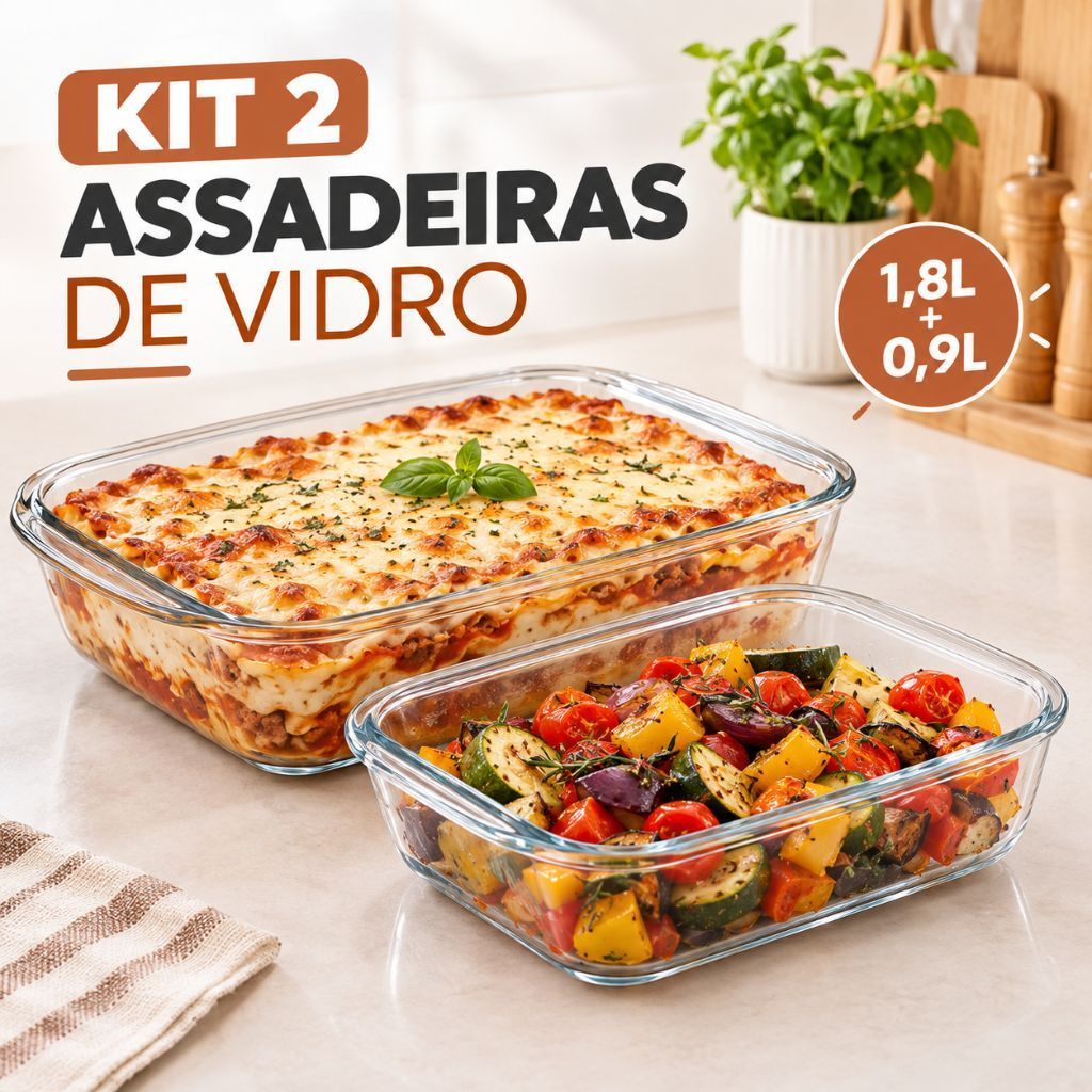 Kit 2 Assadeiras Vidro Refratário Retangular Lasanheira Travessa 1,8L + 0,9L para Forno