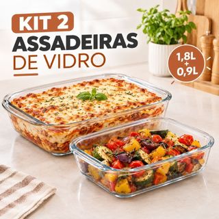 Kit 2 Assadeiras Vidro Refratário Retangular Lasanheira Travessa 1,8L + 0,9L para Forno