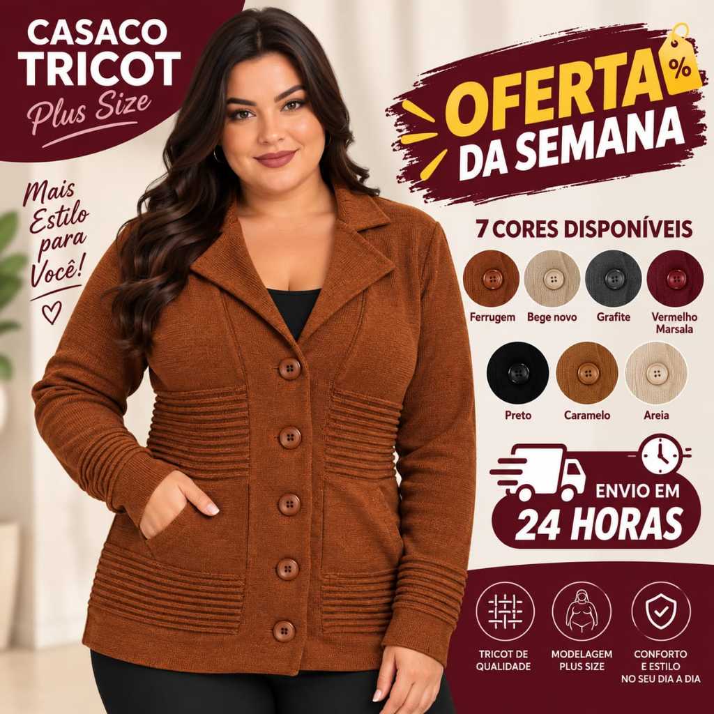 Casaco Tricot Feminino Plus Size Cardigan Manga Longa com Botões e Bolsos Blusa de Frio Inverno Confortável Gola