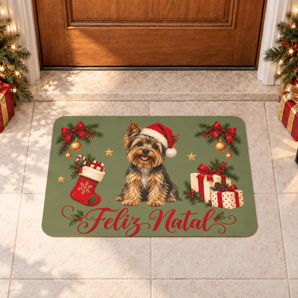 Tapete Porta de Casa Natal Cachorro Yorkshire Verde Presentes Decoração Fofo Antiderrapante