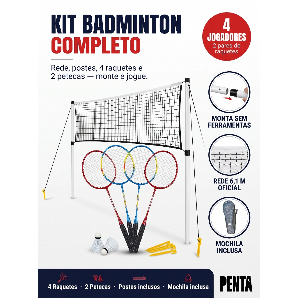 Kit Badminton 4 Raquetes 2 Petecas 1 Rede Profissional Aluminio