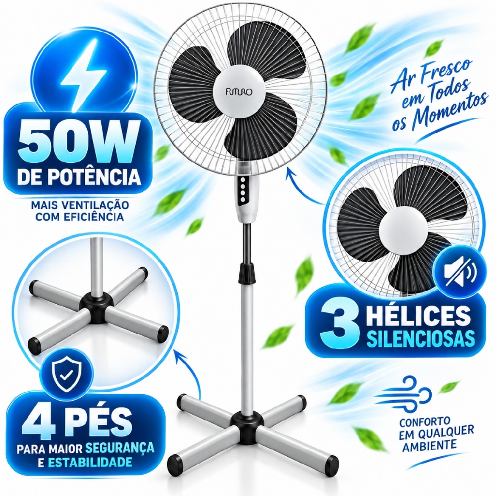 Ventilador De Coluna Pedestal De Chão Turbo Vento Forte 3 Oscilante Velocidades Silencioso 50W Ajuste Altura 110v/220v — imagem 2 de 2