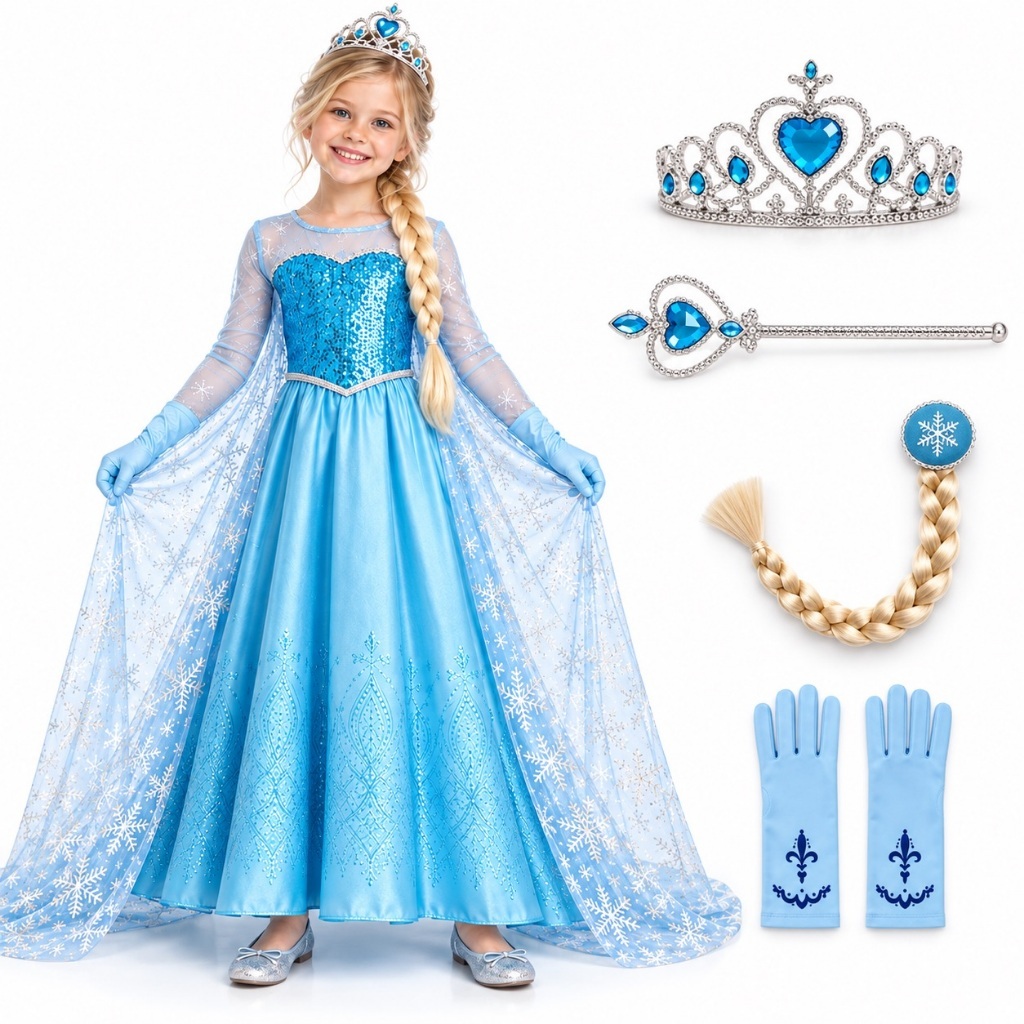 Fantasia Vestido Infantil Elsa Frozen Com Capa E Acessórios Festa Hallowen Crianças