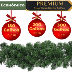 Festão Aramado Natal 2,0m/2,7m 180/200/300 Galhos Ramificados Verde Decoração Natalina Enfeite
