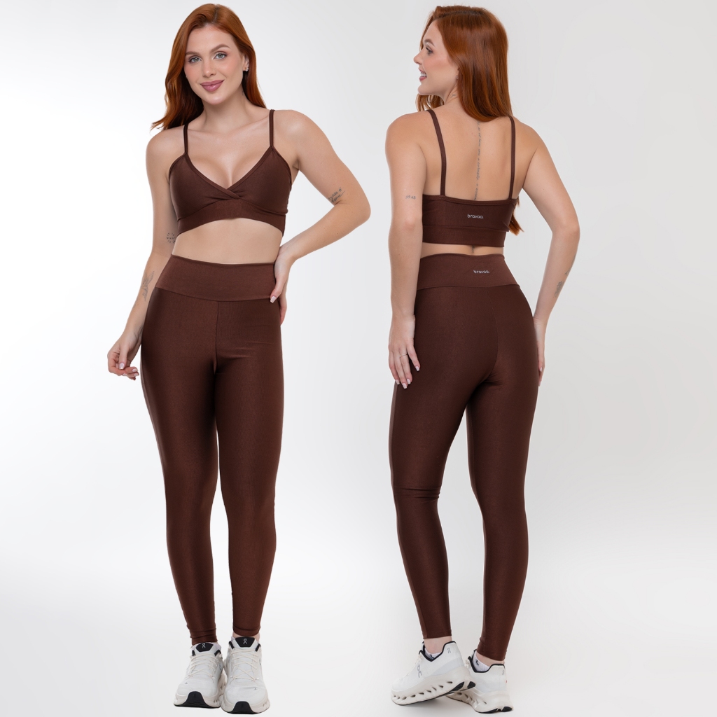 Conjunto Fitness Feminino Trilobal Canelado Top Alcinha Transpassado Legging Cós Alto Modelador Brilhoso Academia 067