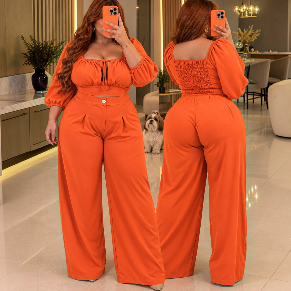 Conjunto Plus Size Feminino Social Calça Pantalona Fler e Blusinha Cropped Tomara que Caia Decotado