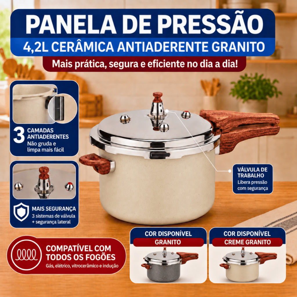 Panela Pressão 4,2L Cerâmica 4 Válvulas Segurança c/ Indução Antiaderente Classificação ¨A ¨ Ótima