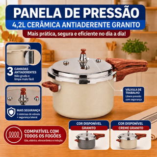 Panela Pressão 4,2L Cerâmica 4 Válvulas Segurança c/ Indução Antiaderente Classificação ¨A ¨ Ótima
