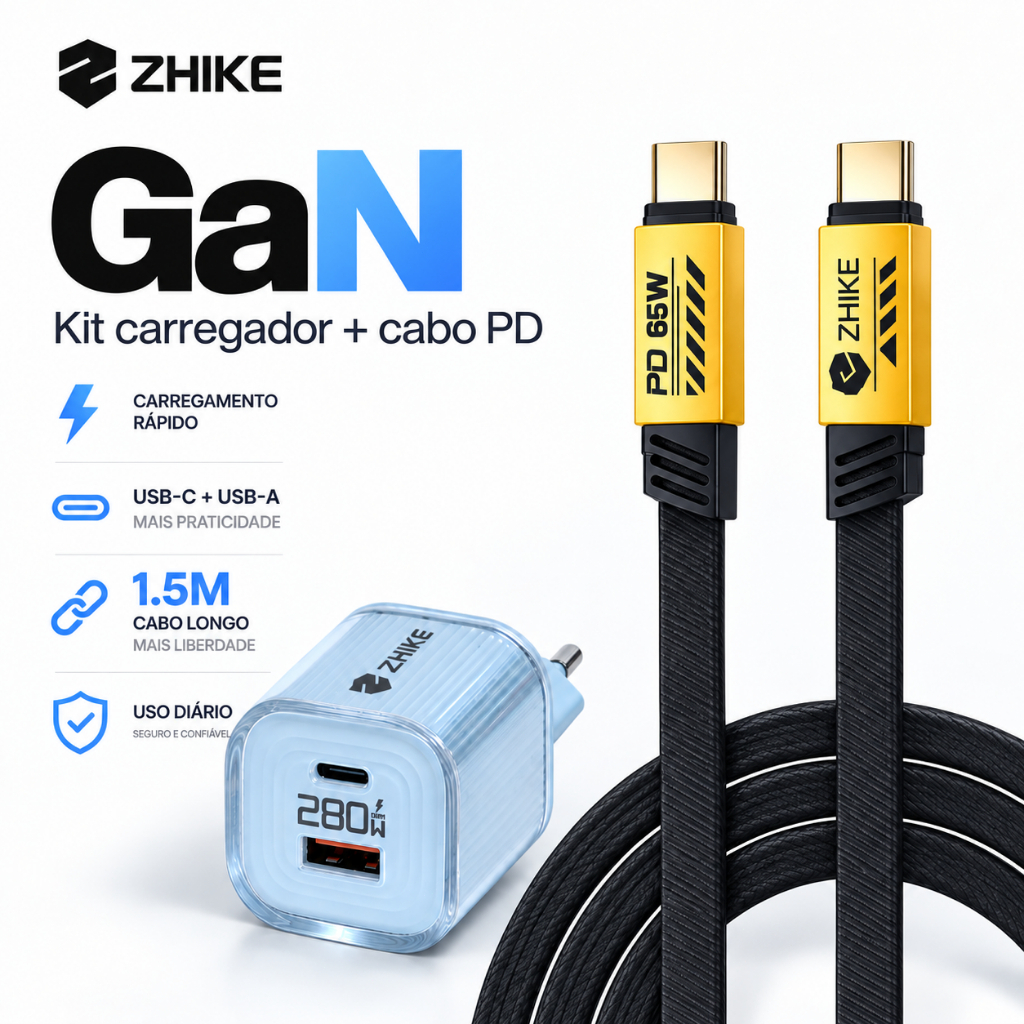 Kit Cabo Carregador Carregamento Rápido ZHIKE Tipo C 65W iP 27W Universal 1.5M Trançado com Adaptador GaN
