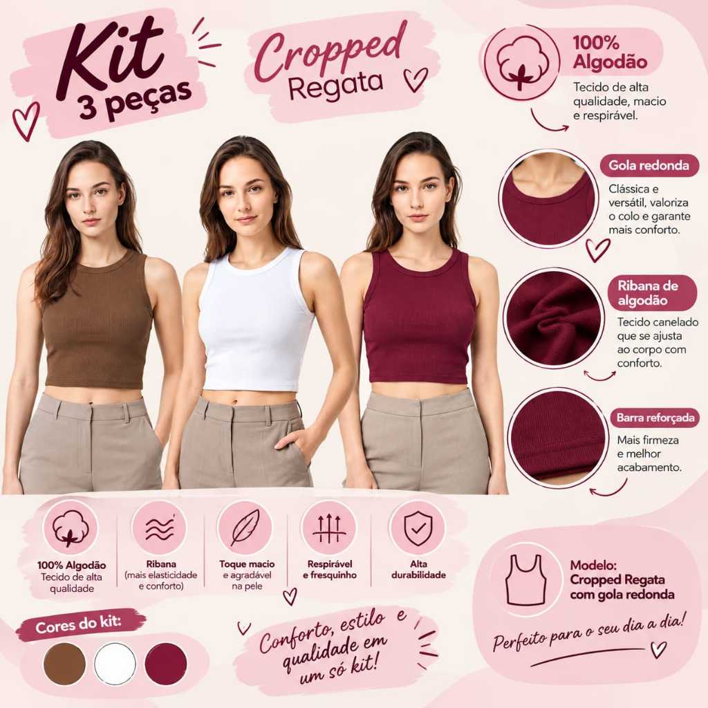 Kit Cropped Top Feminino Casual Regata Moda Feminina Canelada Ribana Costas Nadador 100% Algodão Justo Tendência Moda