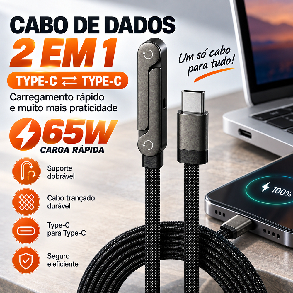 ⚡ Cabo USB Tipo‑C 2 Em 1 65W Rápido | USB-C Cabo Com Suporte Dobrável Multifuncional Para Celular E Tablet