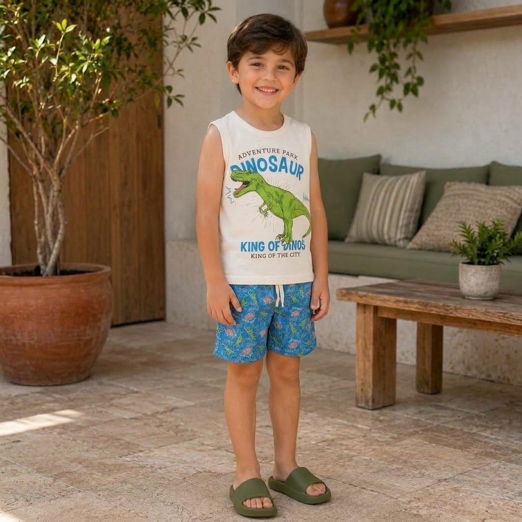 Conjunto Infantil Masculino Camiseta e Bermuda Casual Confortável Verão Dinossauro