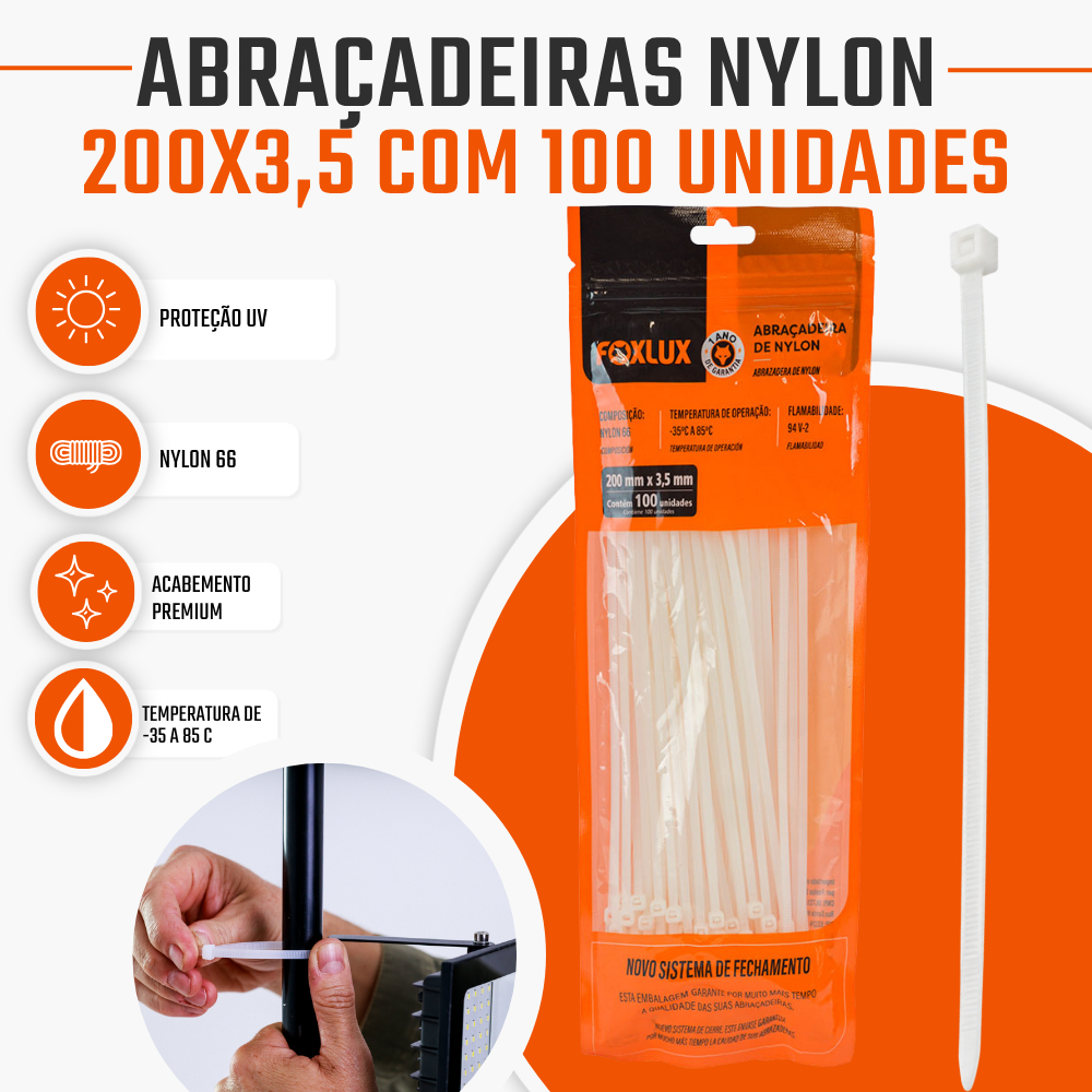Abraçadeira Nylon 200 x 3,5mm Foxlux Branca 100 Unidades
