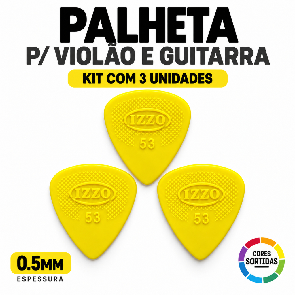PALHETA P/VIOLÃO GUITARRA CAVACO 0.5MM SORTIDAS KIT COM 3 UNIDADES