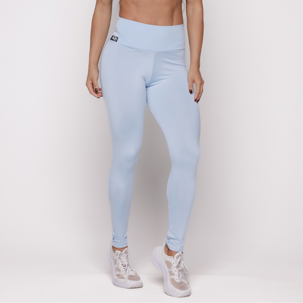 Calça Legging Academia Fitness Azul Claro Cintura Alta Forro Duplo Zero Transparência Grace AQN SPORT