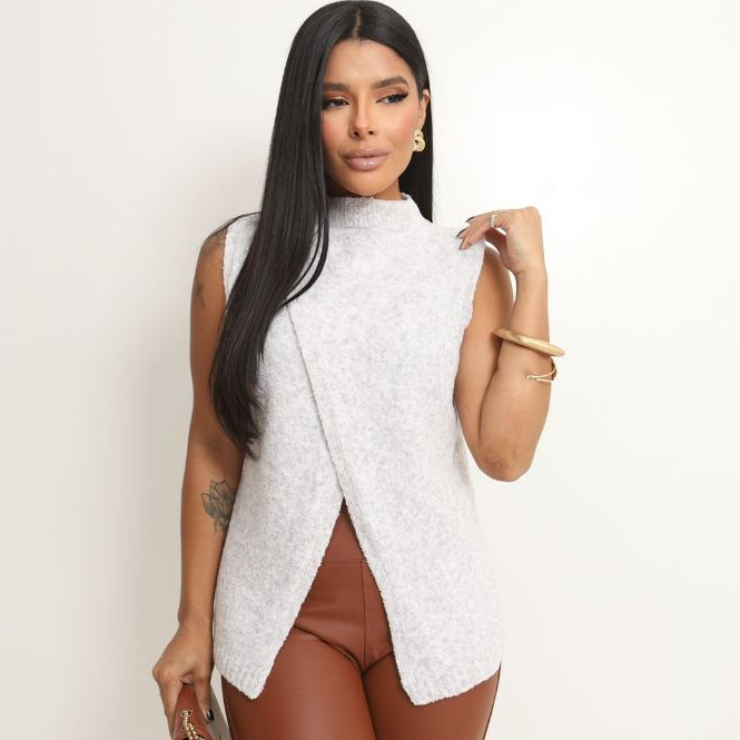 Colete fio mousse blusa feminina elegante Frio Outono Inverno Moda Feminina Regata Gola Alta Tricot Assimétrico