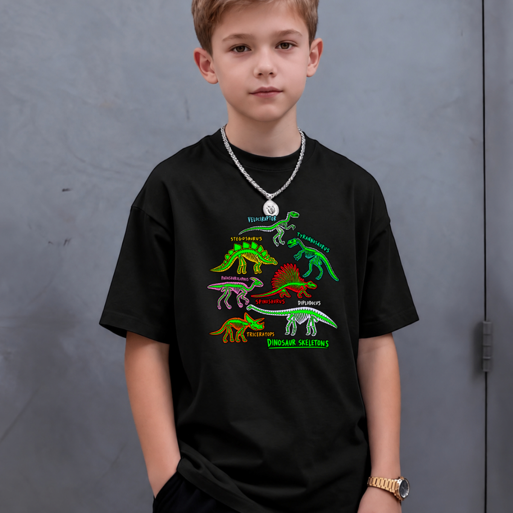 Camiseta Infantil Menino Criança Esqueleto Dinossauro de100% Algodão Masculina Juvenil Casual Básica