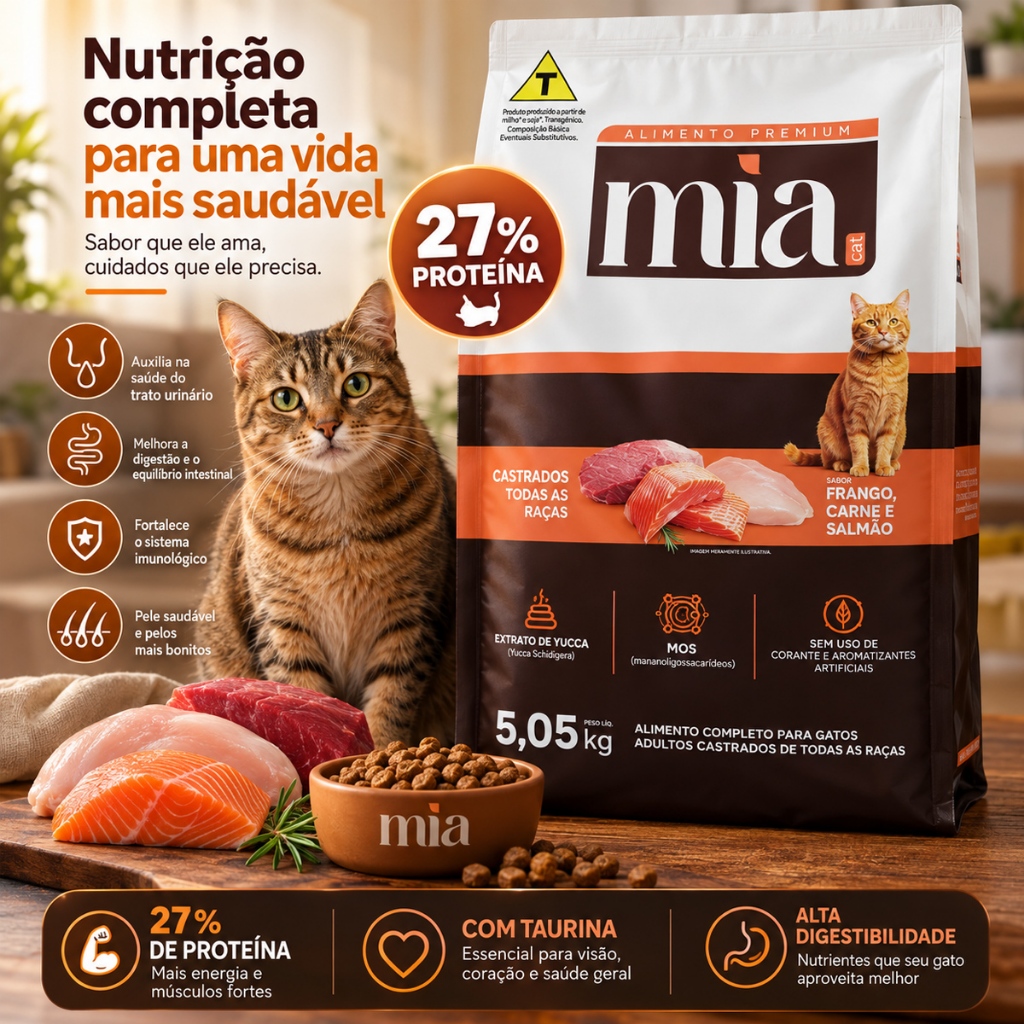 Ração Gato Castrado Mia Cat Premium Salmão Frango Carne 27g Proteina 5kg C/ Taurina