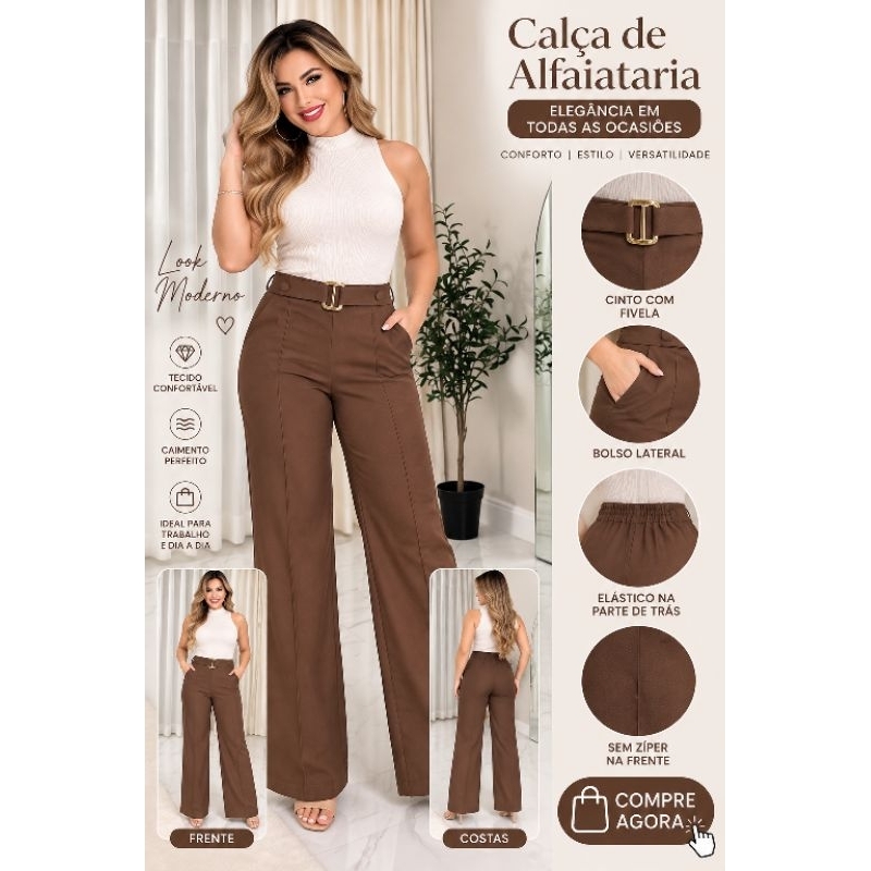 Calça Feminina de Alfaiataria Marrom com Cinto e Bolso – Elegante, Confortável e Versátil