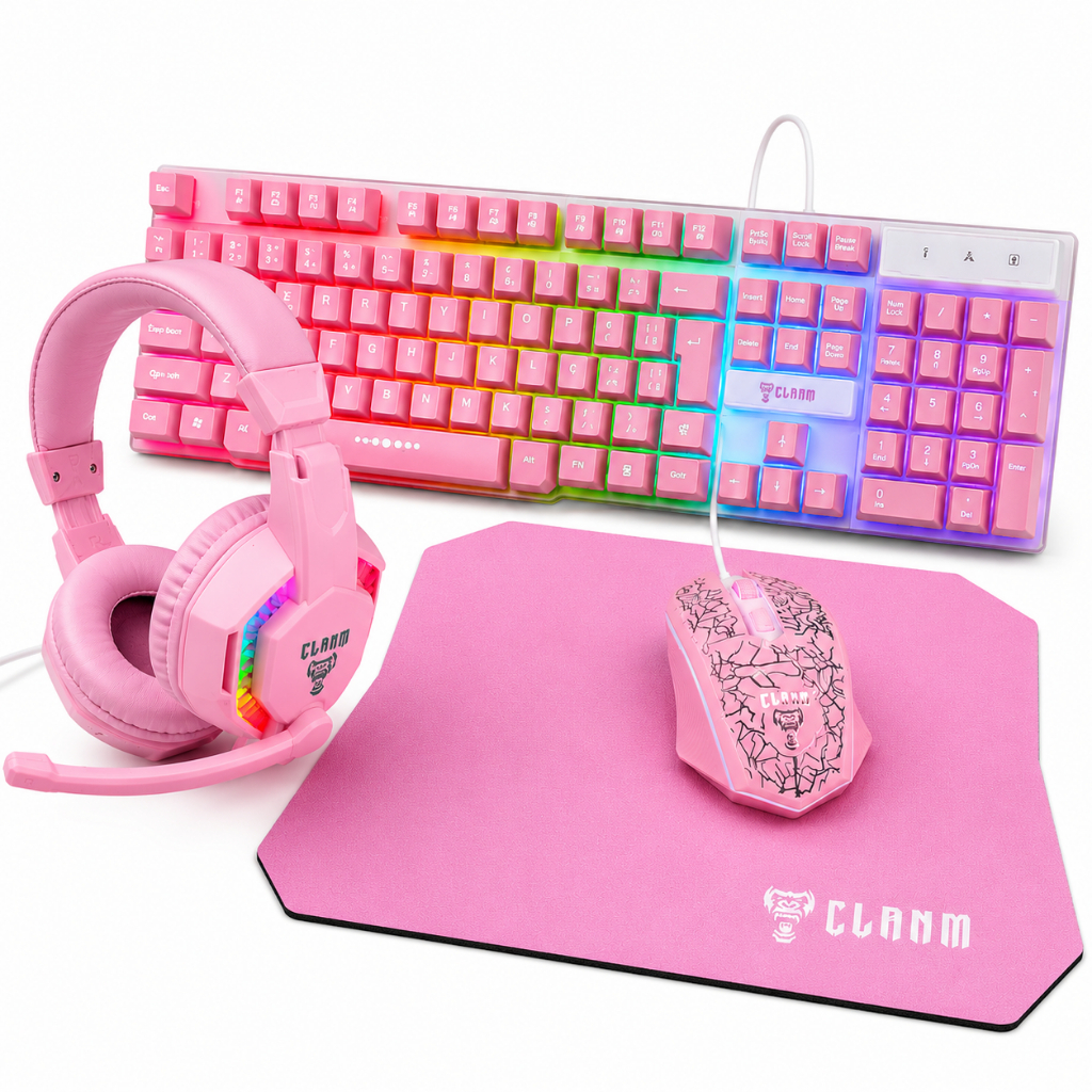 Kit Gamer Rosa para Meninas 4 em 1 CLANM Teclado ABNT2 Mouse 3600 DPI Headset Fone 50mm Mouse Pad LED Rainbow Premium