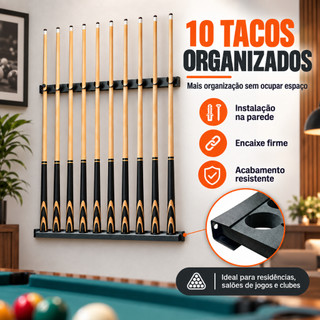 Suporte de Tacos Sinuca Bilhar C/ EVA 10 Vagas Taqueira de parede Organizadora Preto