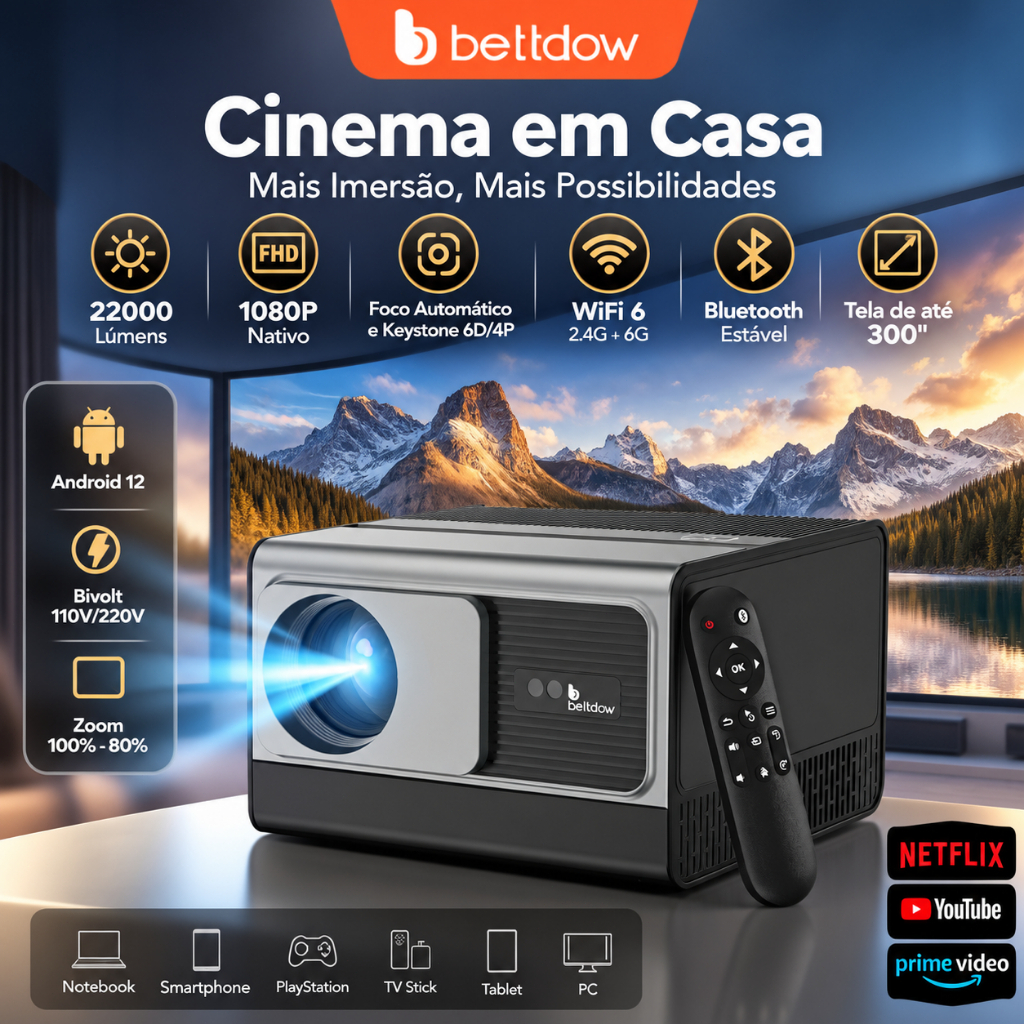 Projetor Bettdow 22000LM 1080P 4K Full HD Projetor Portátil para Casa Android 12 WiFi6 2+32GB para Celulares e Computado
