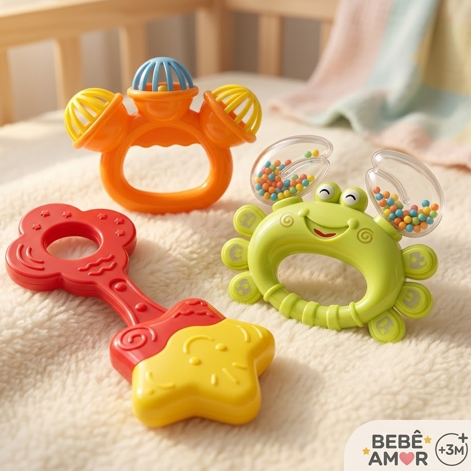 Brinquedo Chocalho para Bebê Colorido com Bolinhas Giratórias Sensorial Educativo Infantil