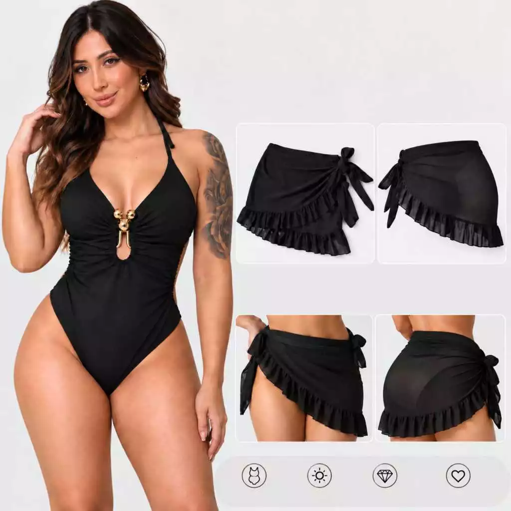 Maiô Feminino com detalhe Dourado e Desfraça Barriga + Saia Saída de Praia com Babado e Amarração Moda Praia Verão — imagem 1