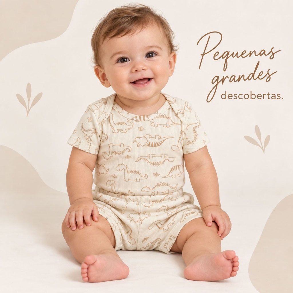 Conjunto Bebê Body e Short Canelado Menino Estampado Dino Bege Poliviscose