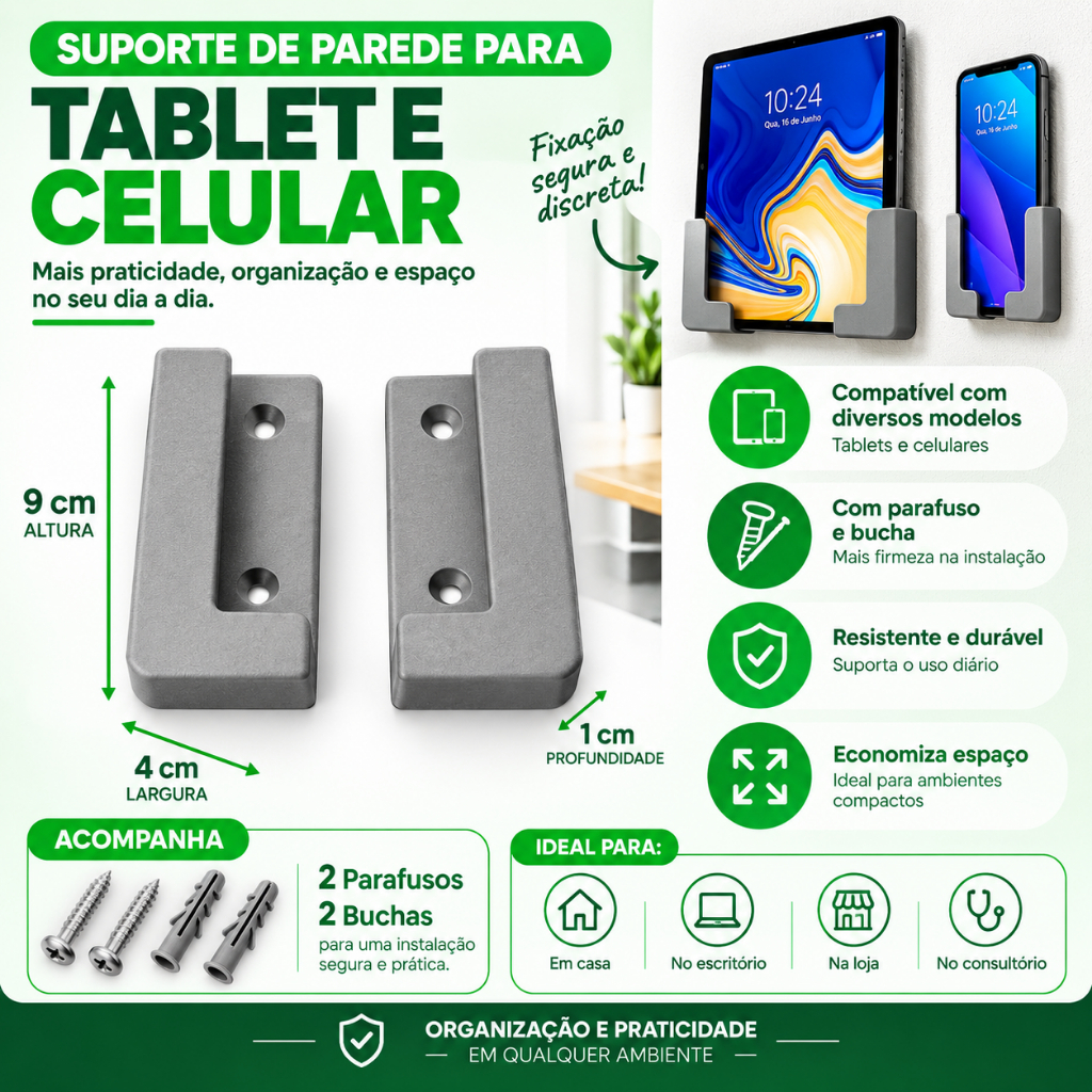 Suporte Tablet i7mini e Smartphone Fixo de Paredes Moveis para Escritório, Consultório e Loja Fixa C/ parafusos e Buchas